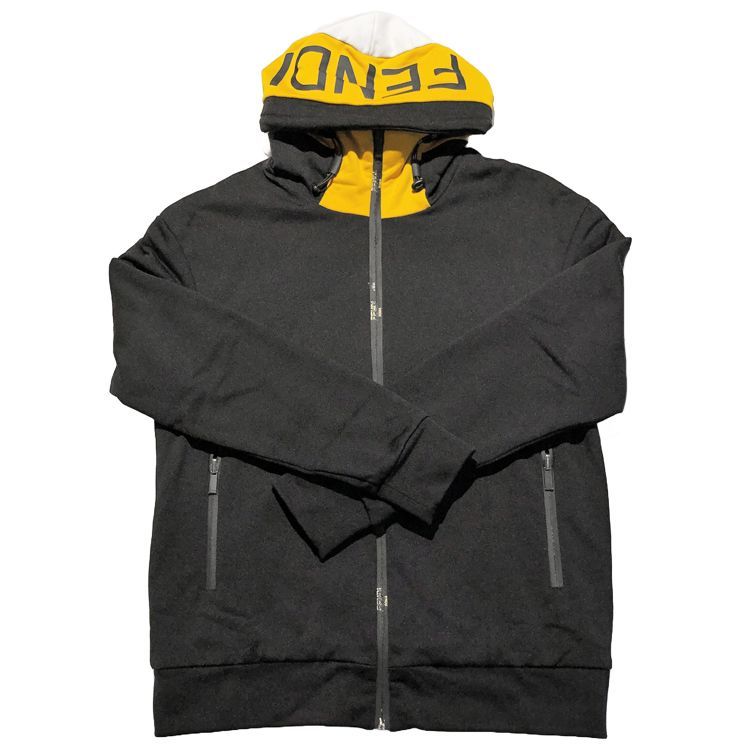 FENDI フェンディ ロゴ トラックジャケット フーディー ジップアップパーカー ブラック イエロー Mサイズ コットン メンズ FAF525AE8M