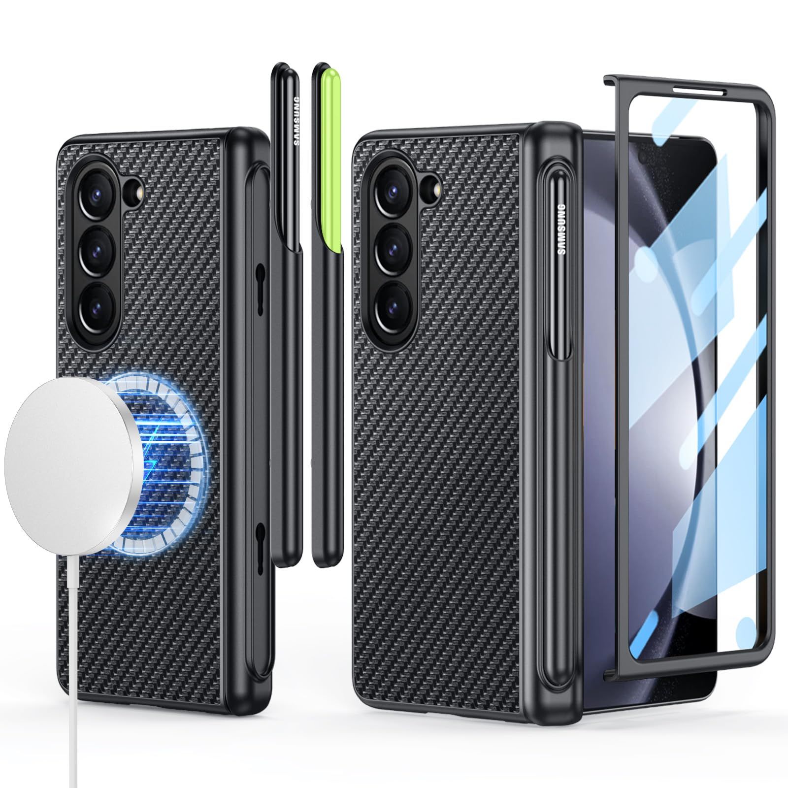 Libeagle Samsung Galaxy Z Fold 5 ケース、すべてのMagsafeアクセサリーをサポート、レザーバック、ヒンジに取り外し可能な旧u0026新しいスリムSペンホルダー(2023)が含まれ、カバー5Gカーボ [炭素繊維] 