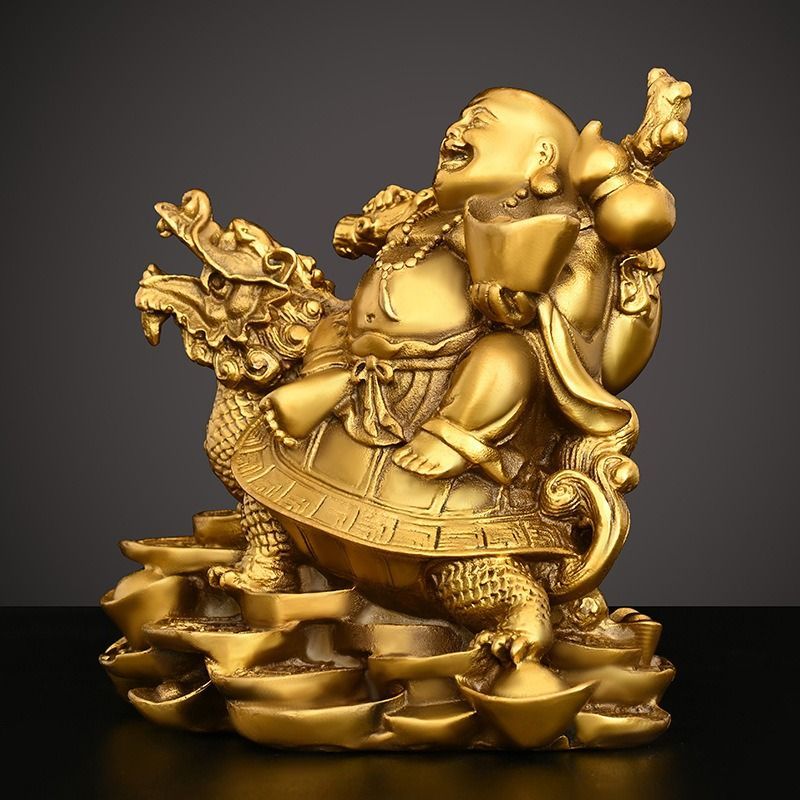 布袋様と龍神様 龍亀 亀 布袋様 置物 オブジェ 神様 神 金色 黄金 ゴールド