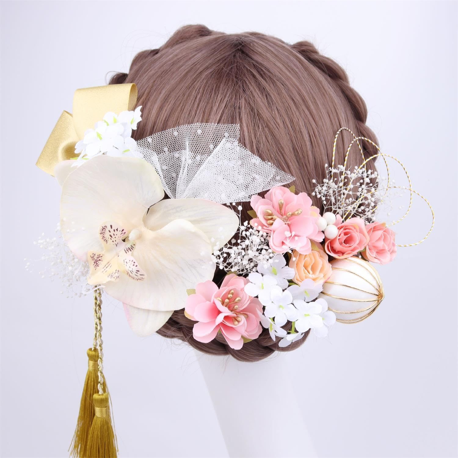 髪飾り 成人式 Shop] 卒業式 袴 和装 造花 結婚式 JOMA-E 組紐 水引 金箔 E-Shop] 人気 ロープ 髪飾り販売：成人式・卒業式に！大きいユリに紫の小花や水引をプラス