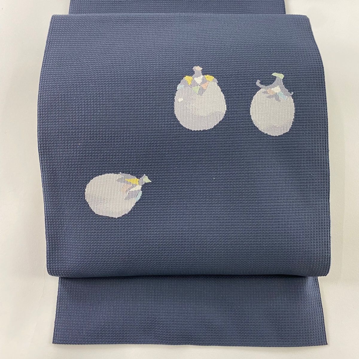 名古屋帯 秀品 八寸名古屋帯 松葉仕立て 茄子 青灰色 正絹