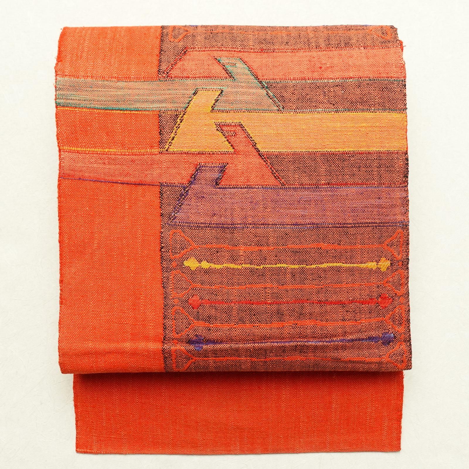 SO-391 名古屋帯 松葉仕立て 六通 八寸 紬 抽象文様 上質 モダン 八寸名古屋帯 松葉仕立て 六通柄 紬織 草花文様 未使用品 赤 朱