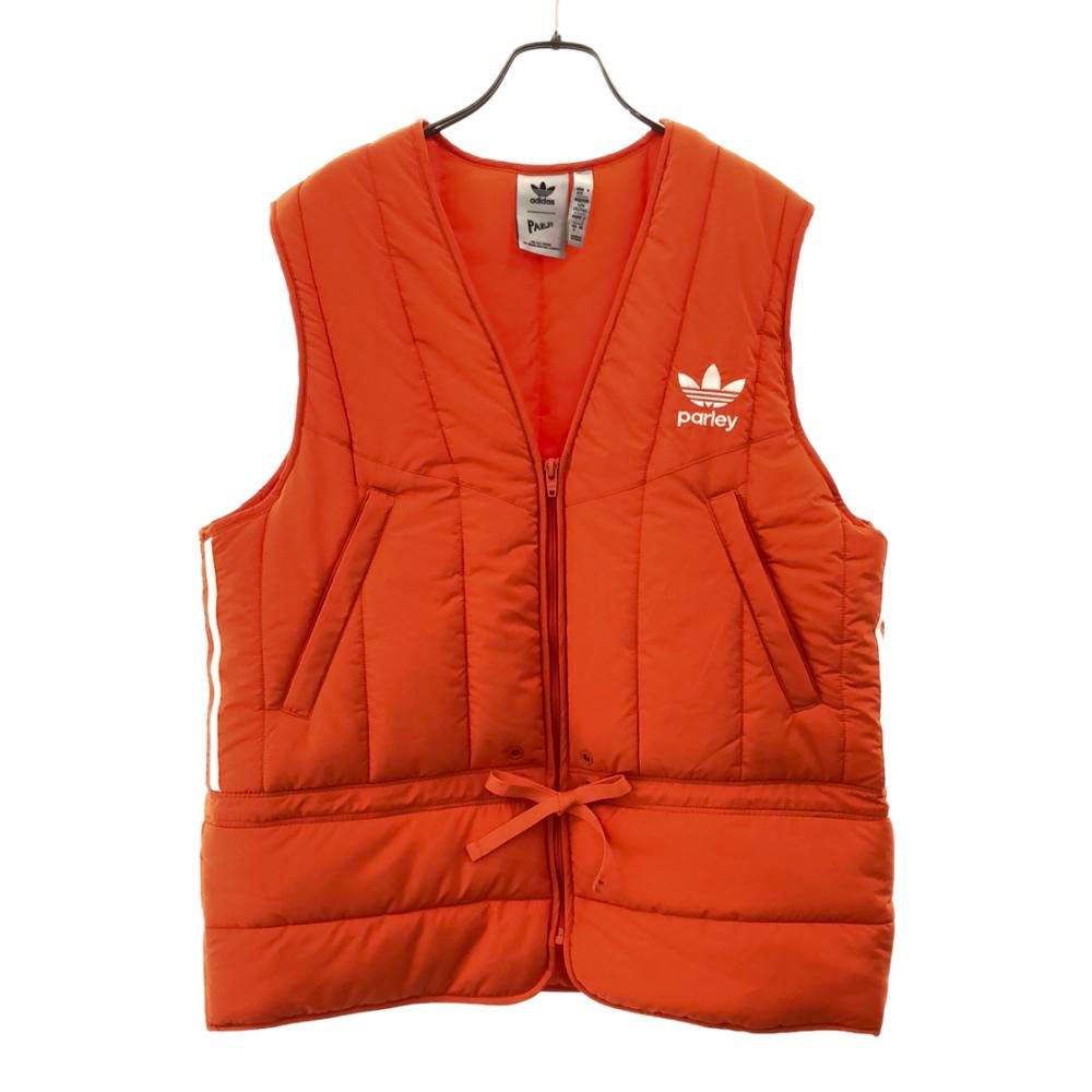 アディダス パーレイ コラボ トレフォイルロゴ 三本ライン ロゴプリント 中綿ベスト L オレンジ adidas PARLEY メンズ