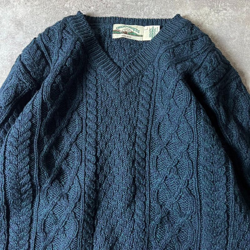 アイルランド製 aran crafts Vネック メリノ ウール フィッシャーマン 