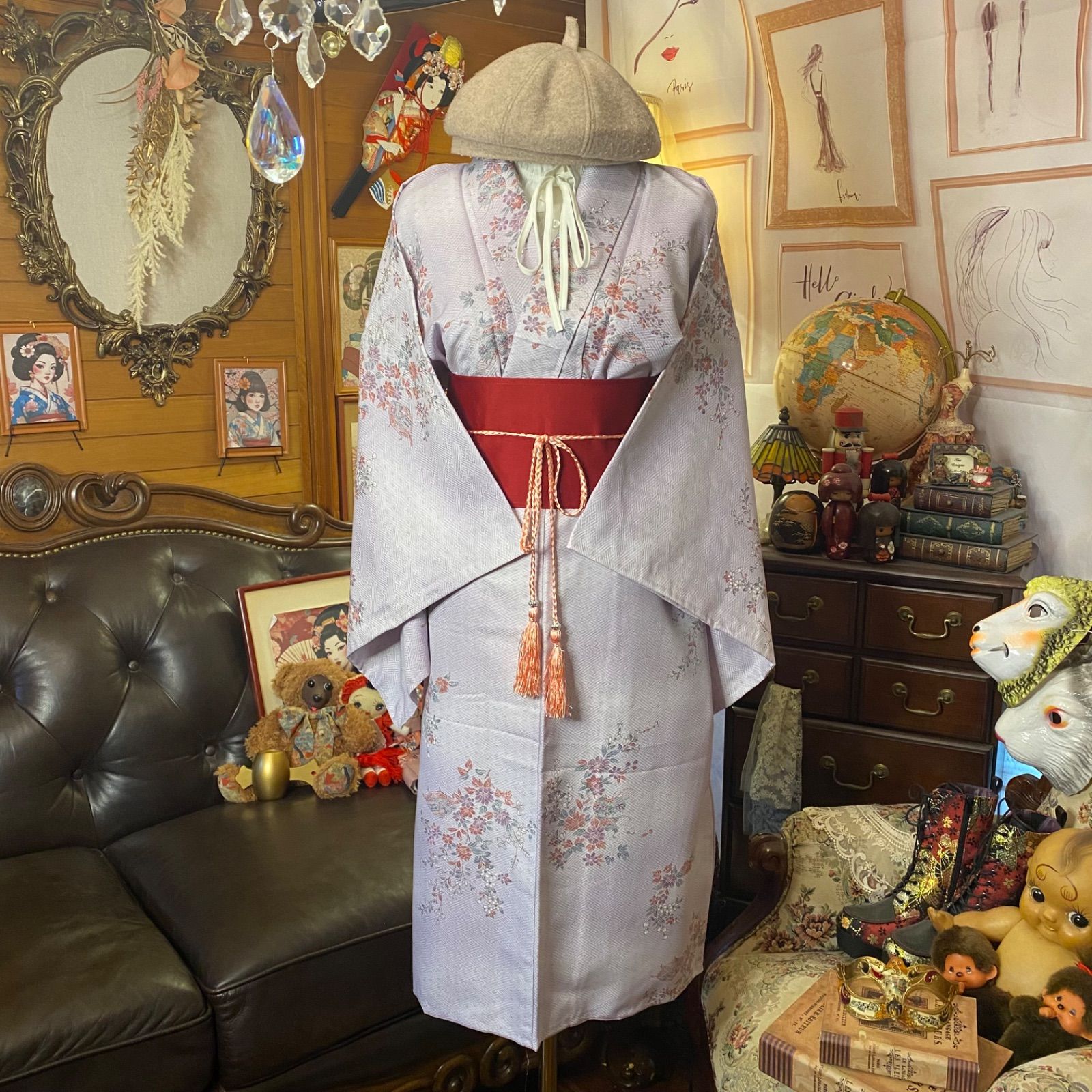 着物 リメイク ワンピース ドレス 洗える 化繊 帯サッシュベルト 和洋折衷 レトロ 古着 ハンドメイド くすみラベンダーの花々 KW-1126