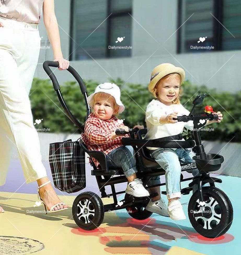 人気推薦◆二人乗り 三輪車 ベビーカー 双子用 子供用 自転車 補助棒付き 両点付き 物置くカゴ付き 補助棒取り外す能 誕生日 プレゼント ア