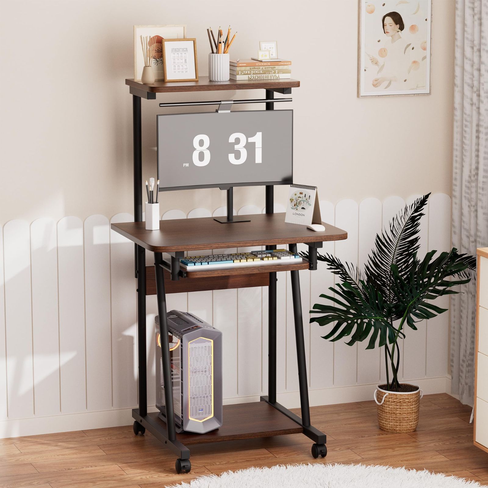 商品 Tcatec 机 PCデスク パソコンデスク スライドキーボード 奥行45 x 幅70 x 高さ133cm 昇降デスク キャスター付き 収納ラック付き 木製 木目柄 PCラック 省スペース オフィス用 組立品 ウォールナット色