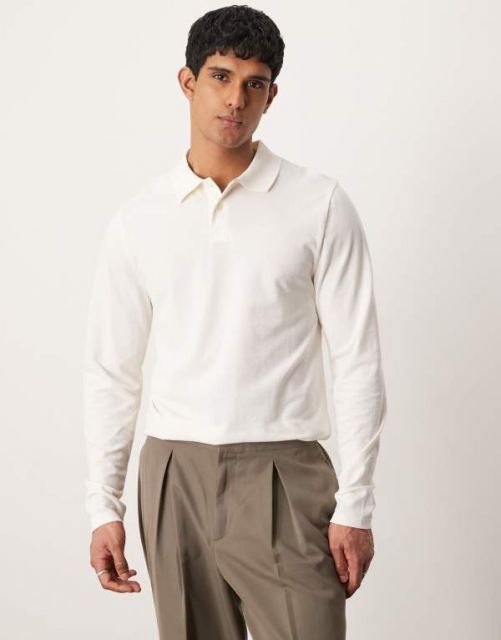 【送料無料】 エイソス メンズ ポロシャツ トップス ASOS DESIGN long sleeve pique polo in cream Coconut milk