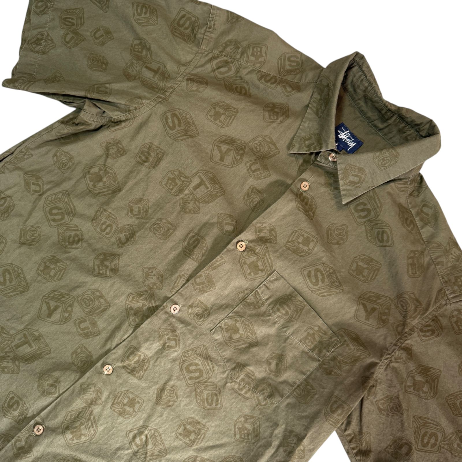 90s old stussy 半袖シャツ 90s STUSSY 総柄シャツ 半袖 S/S Lサイズ 紺タグ サイコロ柄 MADE IN