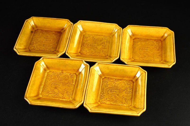 蔵A5121a 珉平焼 淡路焼 黄交趾 龍図 小皿 五客 民平