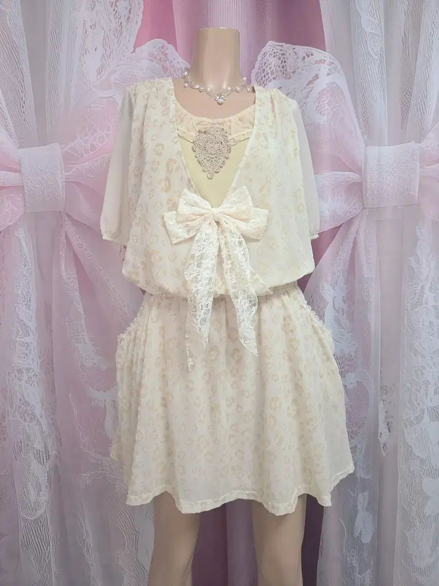 Axes femme(アクシーズファム) ベージュ レオパード リボン フリル レイヤード ワンピース