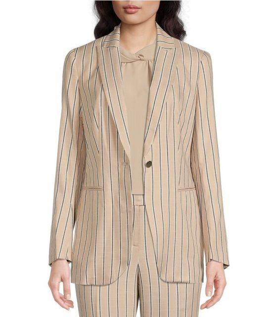 【送料無料】 アンクライン レディース コート アウター Striped Print One Button Peak Lapel Coordinating Statement Blazer Light Coffee Combo