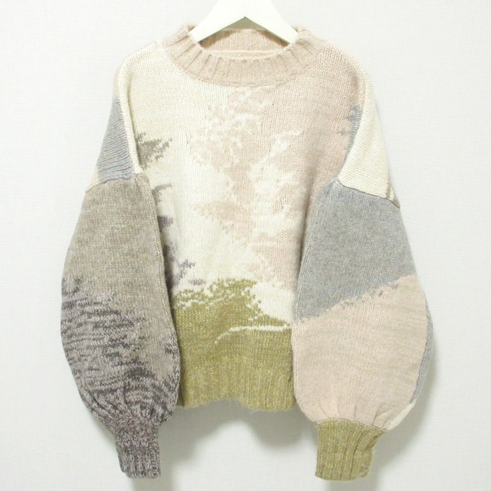 美品 21AW AMERI アメリ ANDREA ABSTRACT PAINT KNIT ボリュームスリーブ インターシャニット プルオーバー セーター F ベージュ系 レディース 古着 中古 USED 美品 21AW AMERI アメリ ANDREA ABSTRACT PAINT KNIT ボリューム