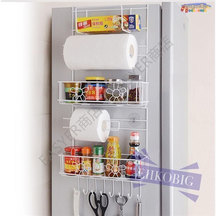 昴ぶる 冷蔵庫サイドラック 棚 キッチンラック キッチン収納 吸盤 ラップホルダー キッチンペーパーホルダー 横収納 ワイド収納バスケット 小物入れ
