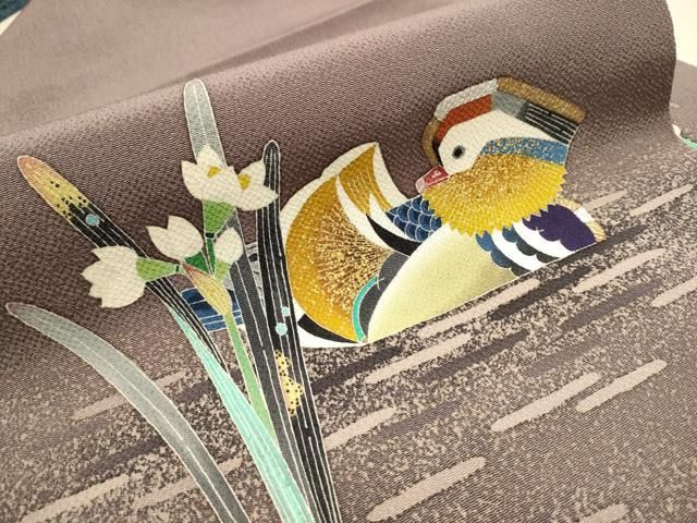 平和屋着物○人間国宝・羽田登喜男 九寸名古屋帯 鴛鴦文 金銀彩 鬼しぼ