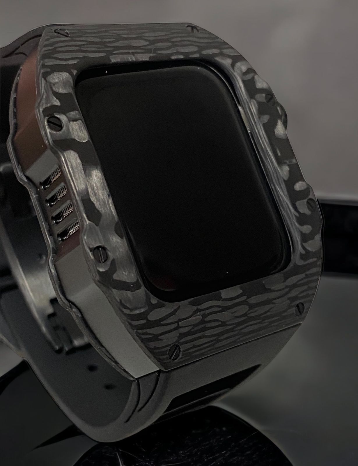 ブラック アップルウォッチバンド ラバーベルト カバー ステンレス Apple Watch ケース 49mm ウルトラ ultra カーボン メンズ レディース