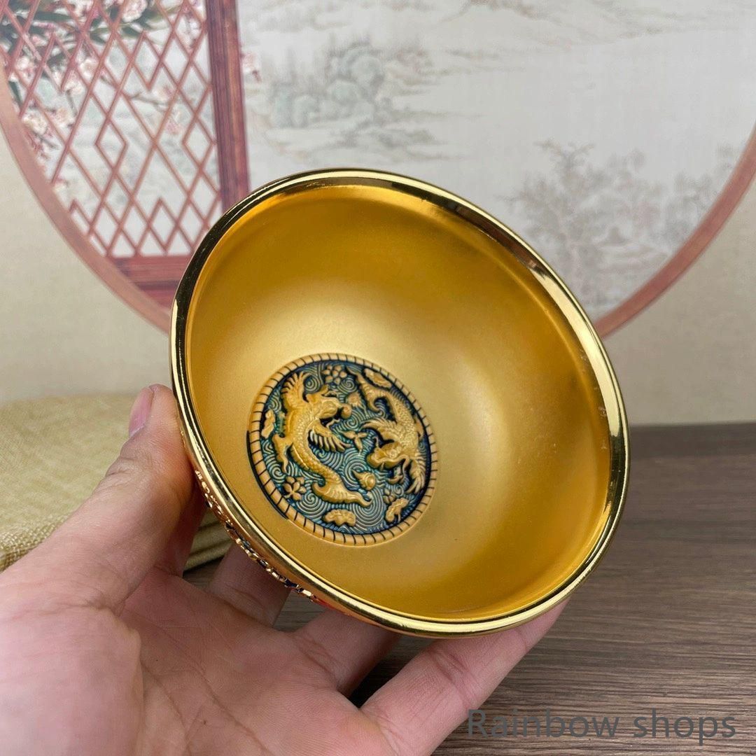 銅製 清乾隆竜鳳茶器 湯飲み 装飾品 現代工芸品 美術品 置物 新品未使用】竜騰盛世撚糸琺瑯・金碗 龍鳳呈祥 装飾品 現代工芸