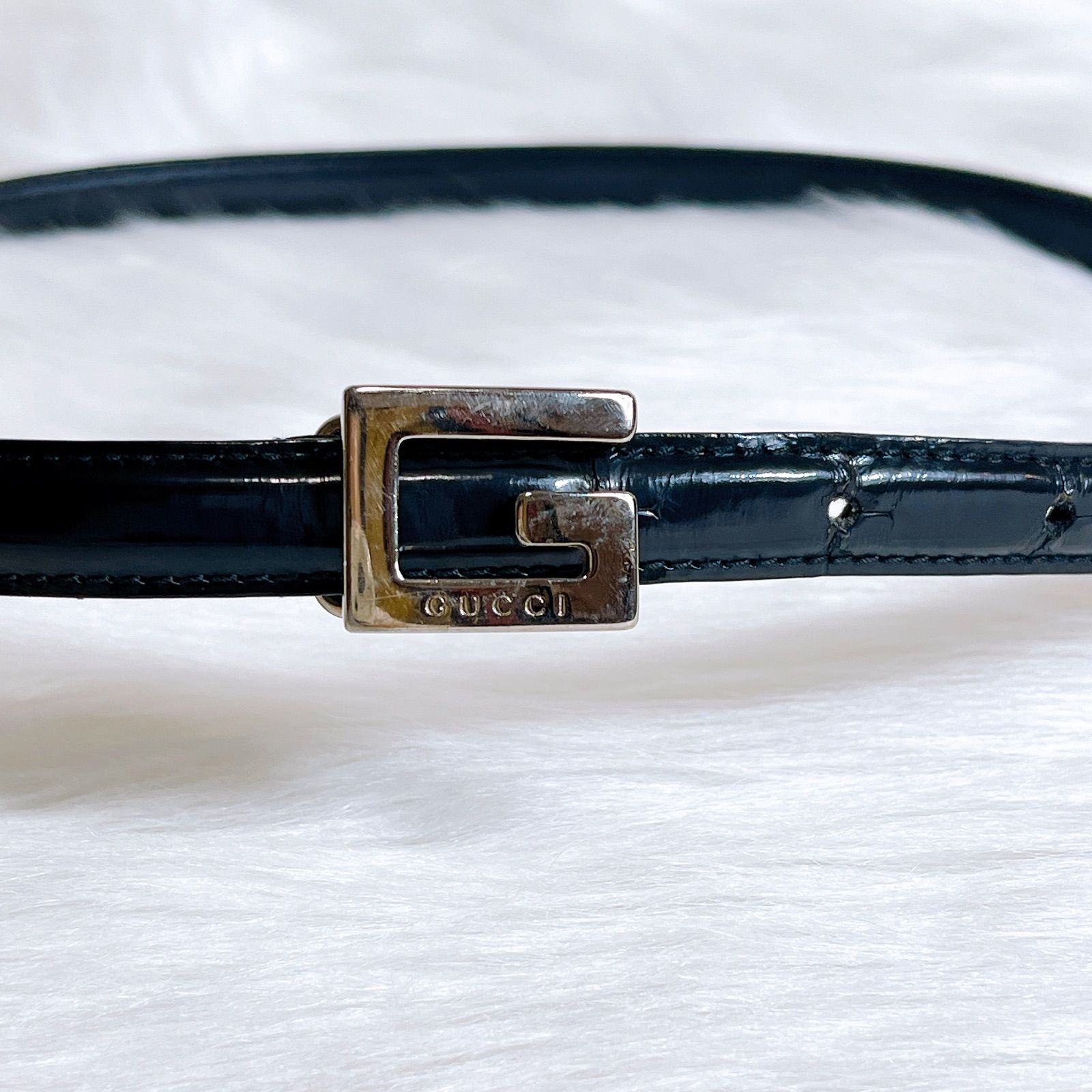 【美品】GUCCI ベルト シルバーバックル 細ベルト パテントレザー  黒 美品】GUCCI ベルト シルバーバックル 細ベルト パテントレザー