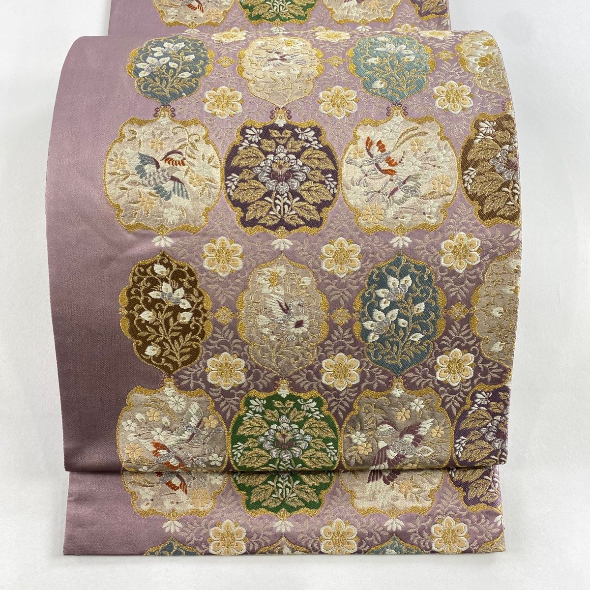 袋帯 秀品 花喰い鳥 花唐草 箔 金糸 紫 六通 正絹