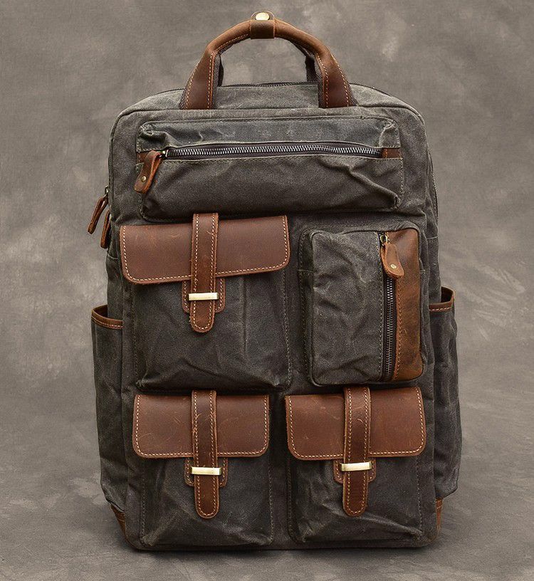 ヴィンテージ風 メンズ オイルワックスキャンバス 縦型 多ポケット 手提げ＆リュックサック K