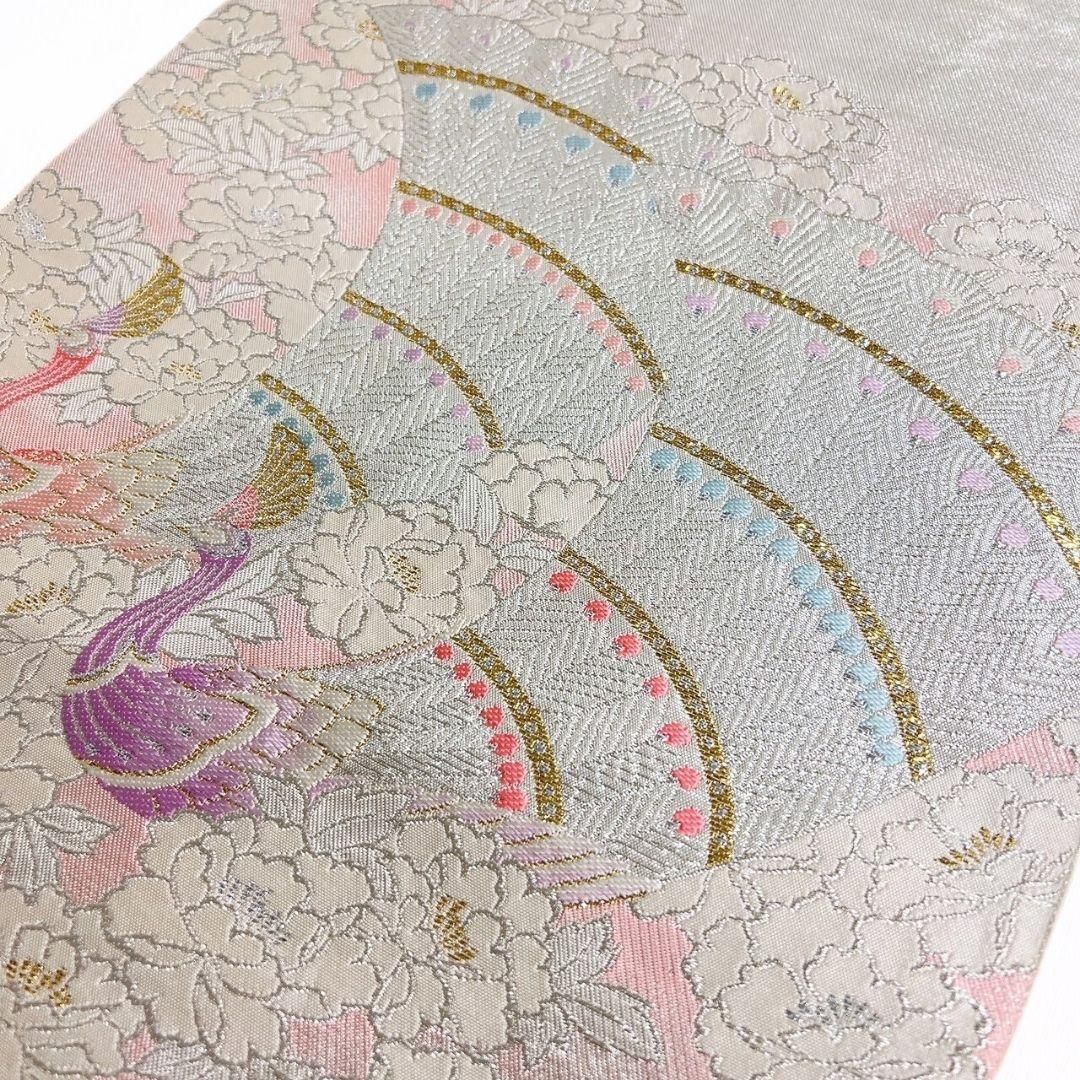 銀地 孔雀模様 牡丹 袋帯 着物 114a p 浴衣 紫ピンク