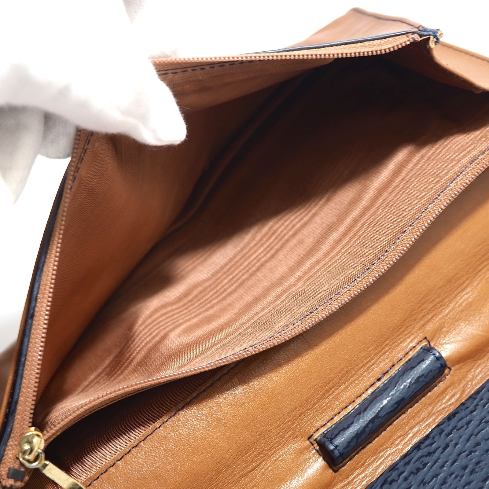 △ブリオーニ Brioni レザー/オーストリッチ クラッチバッグ ネイビー 
