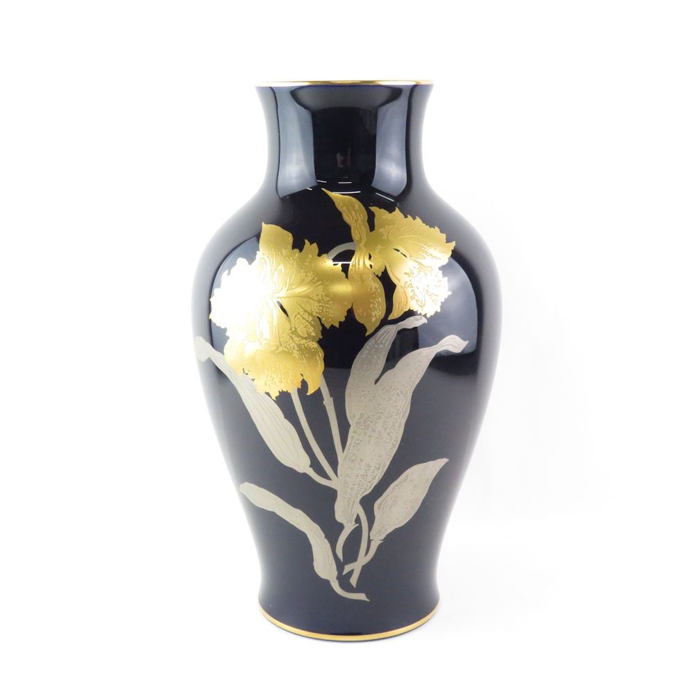 OKURA 大倉陶園 瑠璃 金蝕 カトレア 花瓶 H35 金彩 フラワーベース 