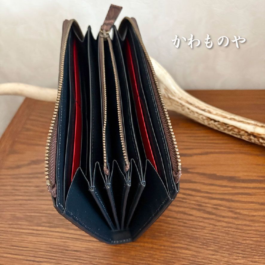 ハンドメイド 本革 クロコダイル（ワニ革）Ｌ字ファスナー長財布 ロングウォレット ブラウン 茶色 財布 クロコダイル 本革 長財布 Box Bandana 使い