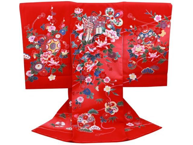 お宮参り 着物 正絹 長襦袢 セット 女児 女の子 子供 産着 祝着 金加工入り un-214 赤