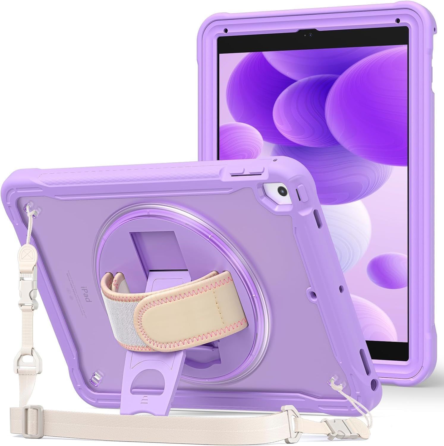 【在庫処分】ProCase iPad 6世代・5世代 ショルダーケース 9.7インチ Air 2 Air 1にも対応 肩掛け式 子供・現場作業用 耐衝撃 半透明カバー ペン収納 360回転スタンド 手首付き 3層保護（パープル）