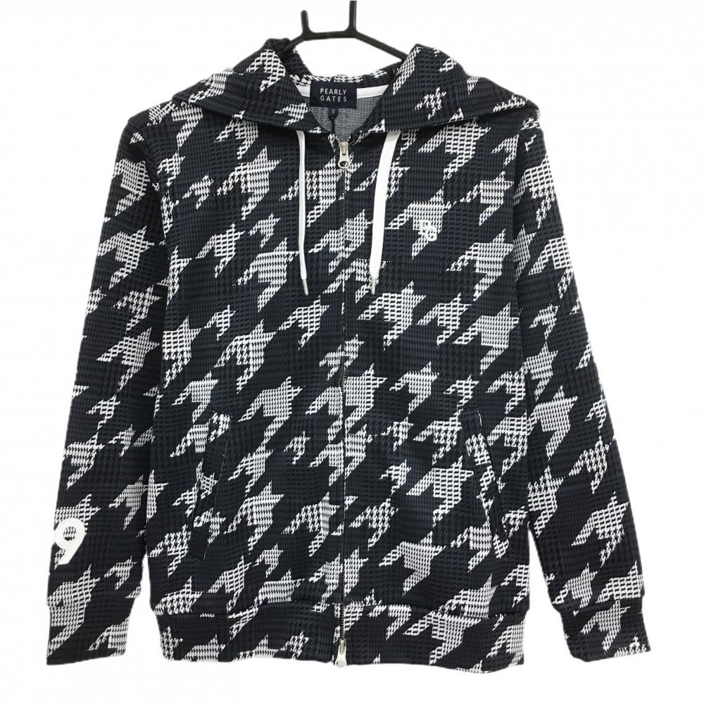 パーリーゲイツ ジップパーカー ダークネイビー×白 千鳥柄 後ろ裾ロゴ レディース 0 S ゴルフウェア PEARLY GATES
