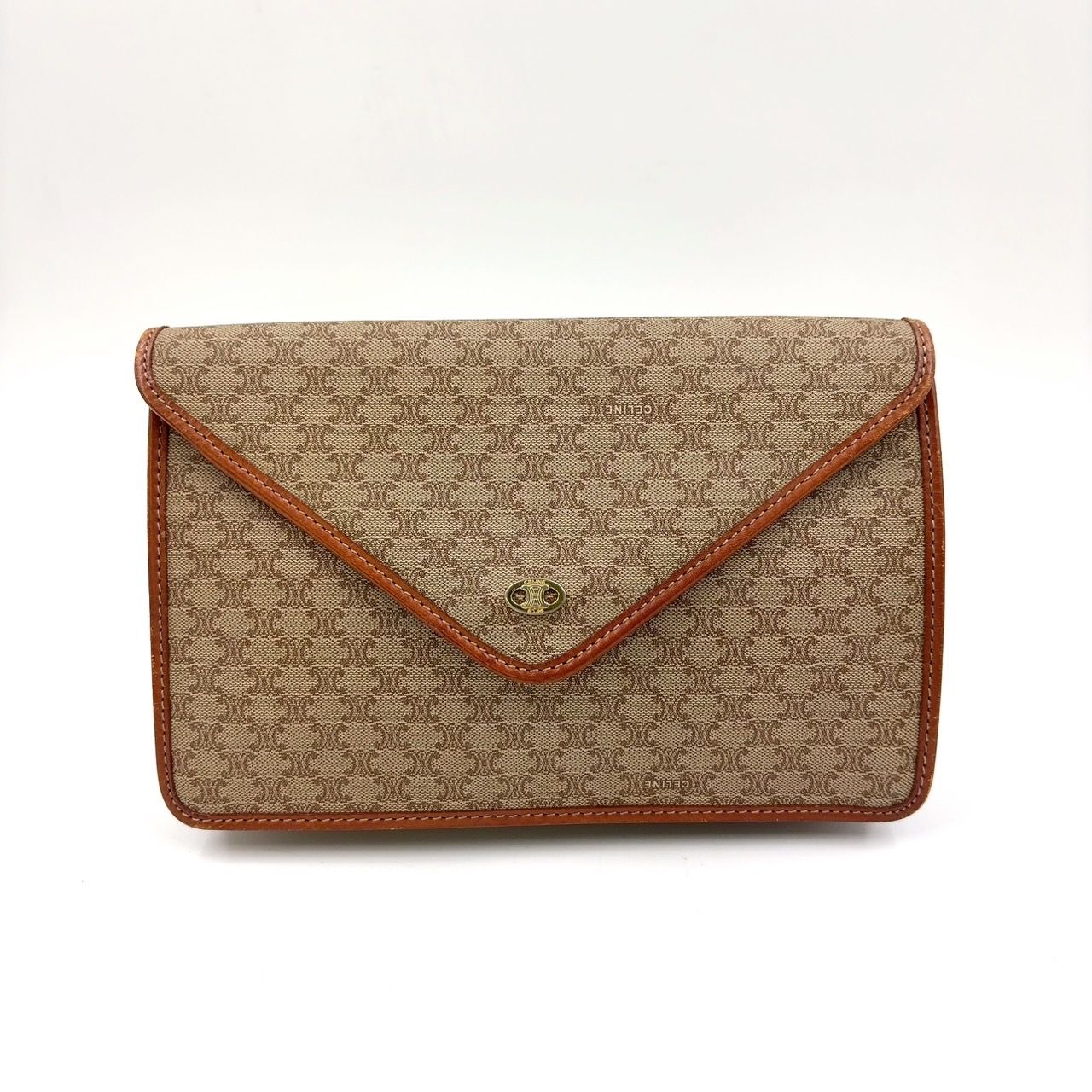 CELINE マカダム柄 レザー×PVC ブラウン×ベージュ クラッチバッグ ゴールド
