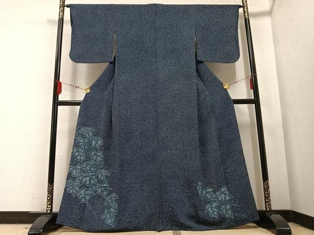 平和屋着物●色留訪問着　本藍　ろうけつ染　葡萄蔦の葉文　正絹　逸品　AABB7228ph 平和屋着物○色留訪問着 本藍 ろうけつ染 葡萄蔦の葉文 正絹 逸品