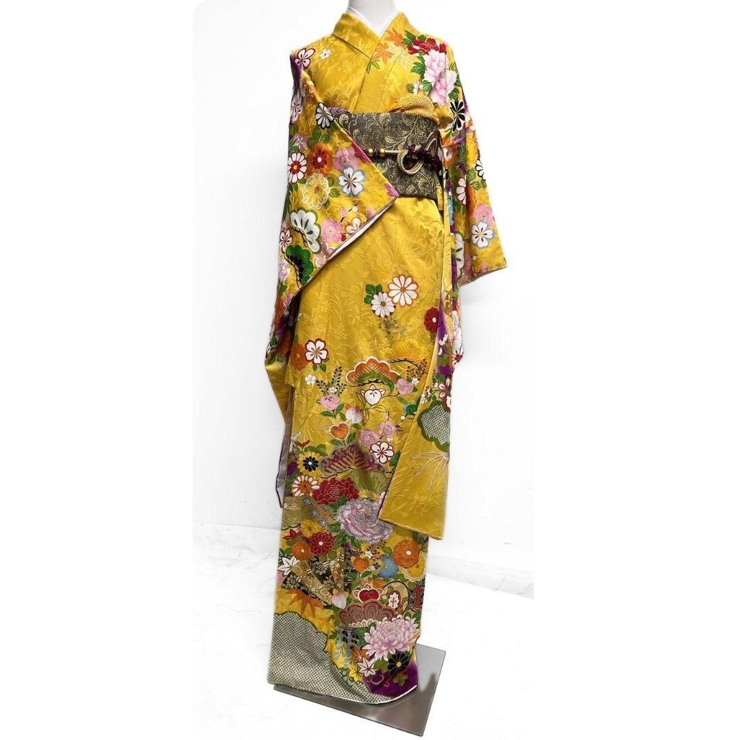 金駒刺繍　絞り　梅花　菊花　楓　振袖　晴れの日　成人式　卒業式　着物　114p 振袖 総絞り 金彩 刺繍 牡丹 菊花 雪輪 成人式 晴れの日 着物 052a p
