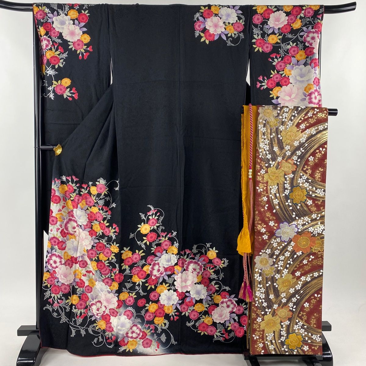 振袖 身丈168.5cm 裄丈68cm L 袷 袋帯フルセット 桜 花唐草 銀彩 ぼかし 黒 正絹 秀品