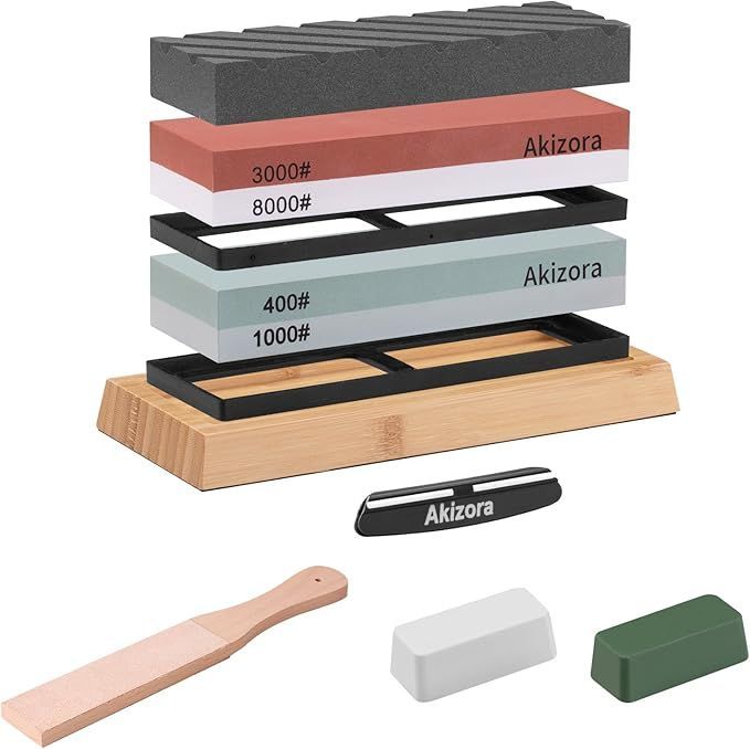 Akizora 砥石 包丁研ぎ石 400 1000 3000 8000 両面砥石 2点セット 竹製