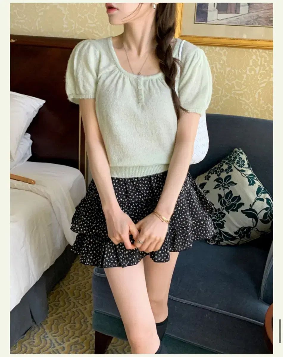 パフ 半袖 ニット フラワー ミニ スカート モダンローブ