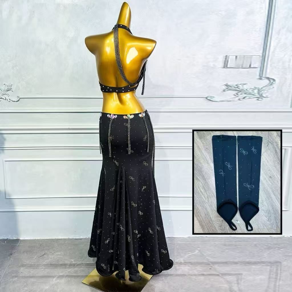 ベリーダンス衣装 半袖 セットアップ ブラスカート パフォーマンス ステージ コスプレ セクシー オリエンタル衣装 練習 衣装セット 大人ベリーダンスコスチュームレディーベリーダンス ビーズスパンコール ブラック