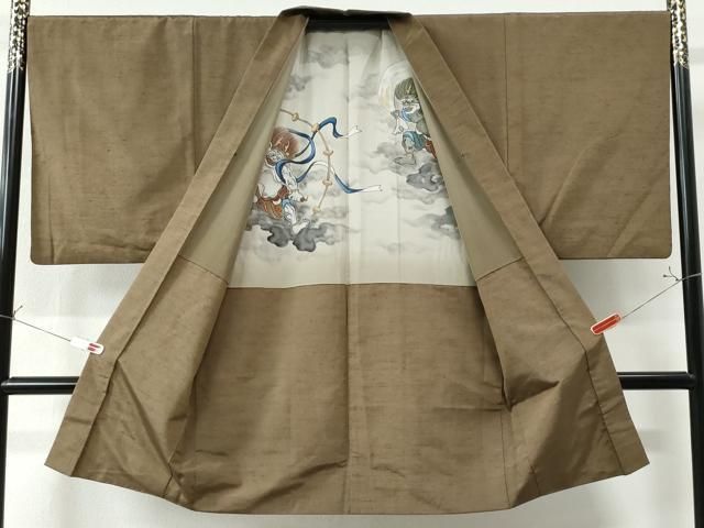 平和屋着物○男性 紬 アンサンブル 色無地 朽葉色 羽裏：風神雷神 正絹