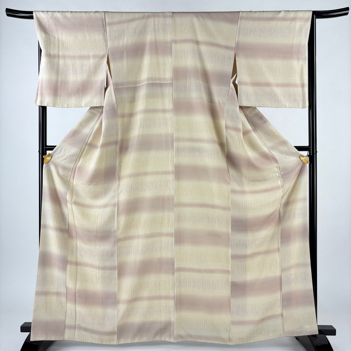 小紋 身丈165cm 裄丈67cm M 袷 紬地 段縞 ぼかし クリーム 正絹 秀品  