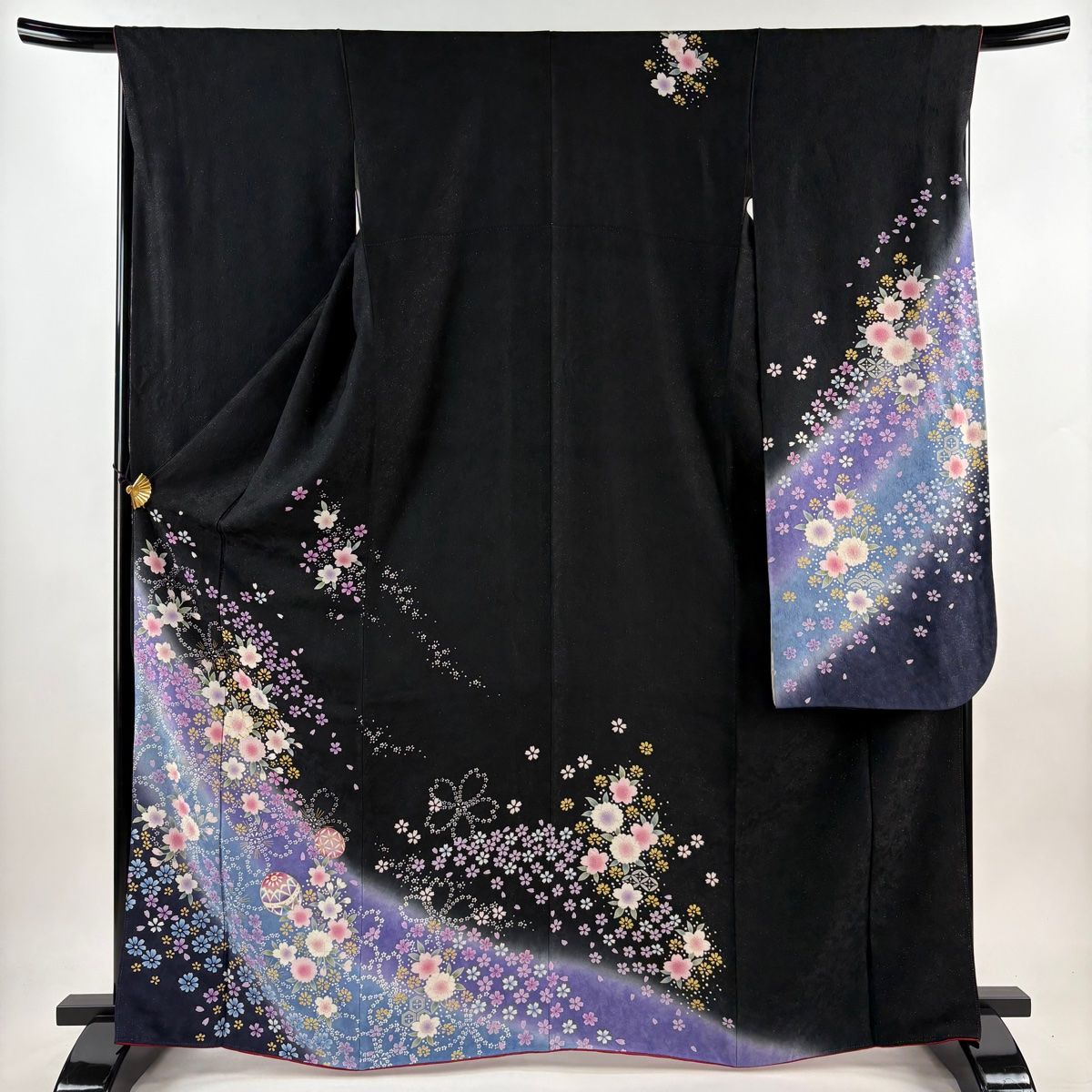 美品　極上　たたき染め　枝垂れ桜　逸品　金彩　黒地　フルセット　振袖 振袖 身丈164.5cm 裄丈67.5cm L 袷 桜 手鞠 銀通し 金彩 黒 正絹