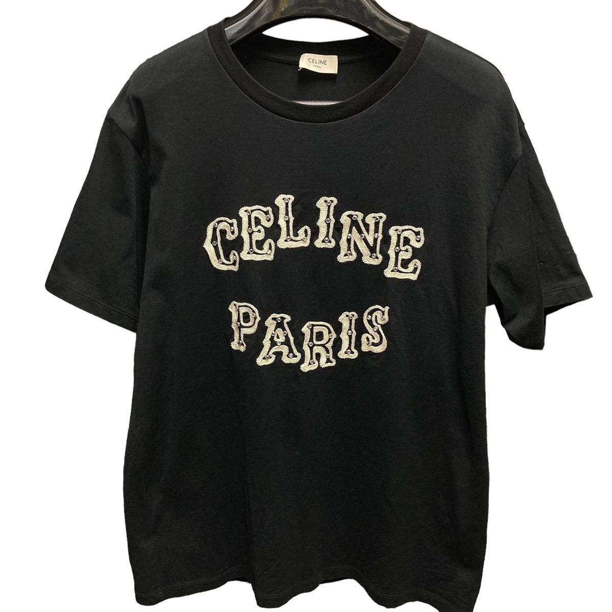 中古】 CELINE セリーヌ ラインストーン付 ロゴTシャツ 黒 2X24J671Q 