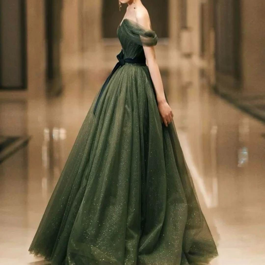 シンプルオシャレなグリーンのオフショル イブニングドレス 【公式通販】