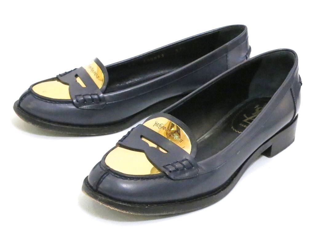 221949 Yves Saint Laurent イヴサンローラン レザー ローファー ゴールドプレート切替デザイン 37 1|2 BR 300893 ネイビー|ゴールド