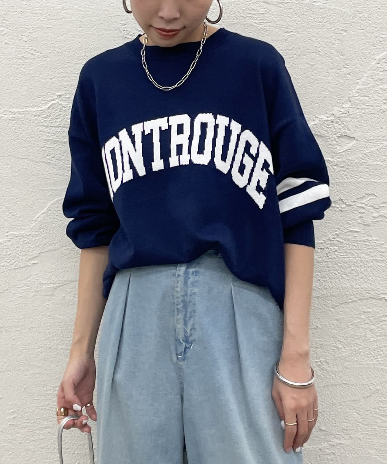 新品・未開封】Loungedress リネンロゴラインニット Navy - nomino