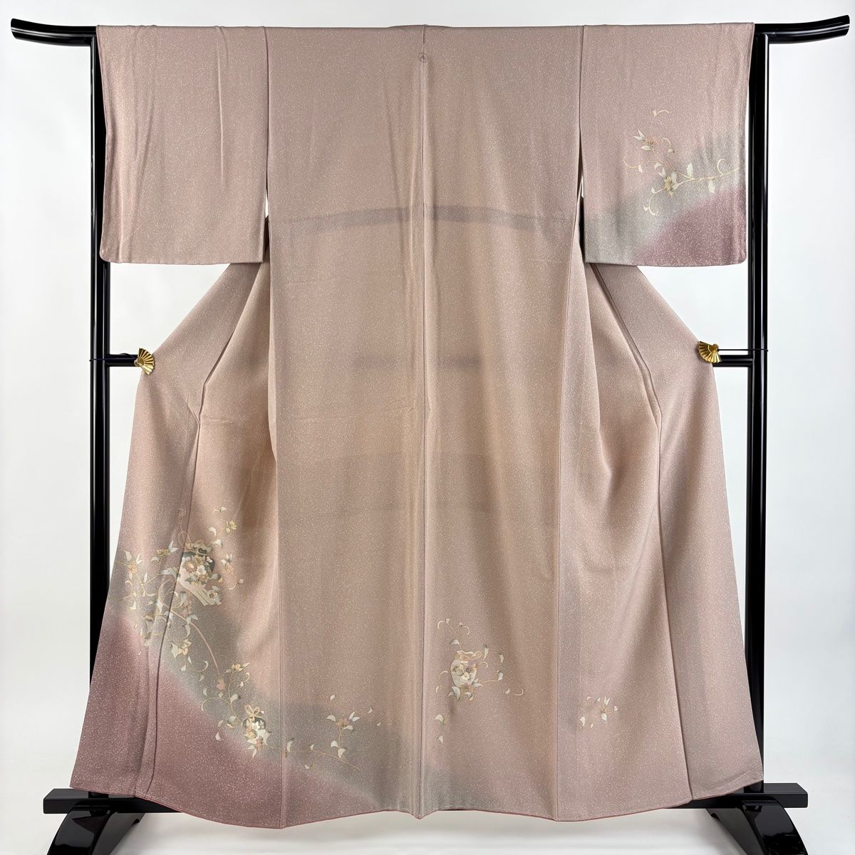 付下げ 身丈158.5cm 裄丈64.5cm M 袷 お仕覆 草花 金彩 染め分け ピンク 正絹 秀品 一つ紋