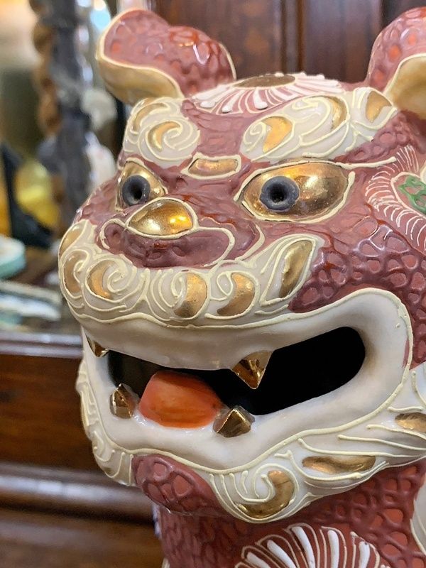 九谷焼 玉獅子 玉乗り獅子 30cm 赤獅子 厄除け 招福 縁起物 朱色 金彩