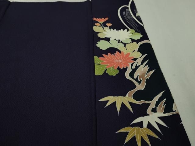 平和屋本店□極上 創業460年・千總 振袖 駒刺繍 立波花松文 鉄紺色地