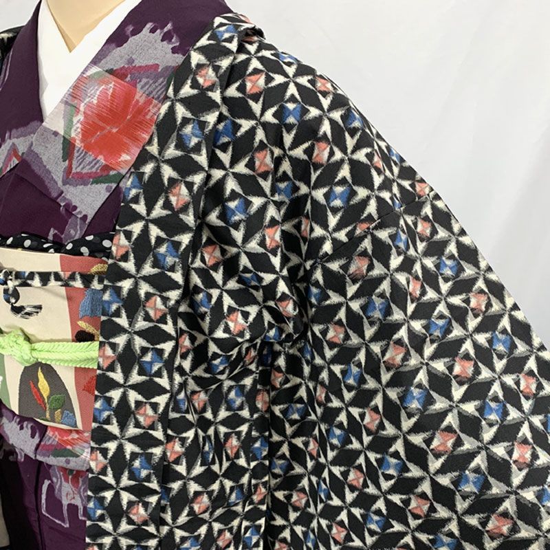 410aa14◇Haori Kimono アンティーク 羽織 花七宝 銘仙 昭和レトロ 大正ロマン 和洋コーデにも◇美品