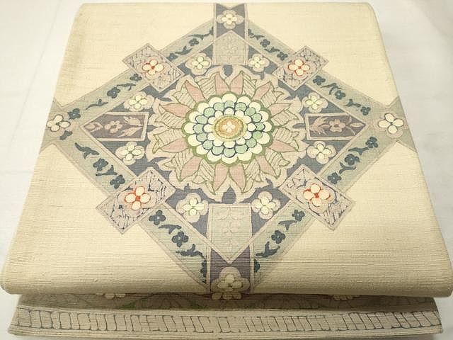 平和屋着物○太鼓柄袋帯 作家物 紬地 型染め 正倉院菱花文 正絹 逸品